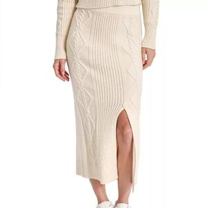 Cream Cable-Knit Midi Skirt with Side Slit